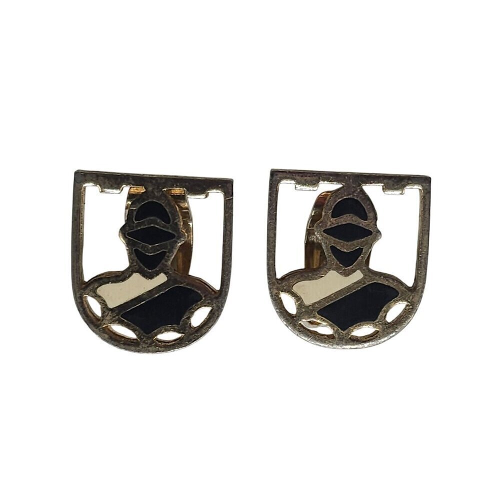 Knight Helmet Enamel Clip On Earrings Black White Gold Tone Vintage